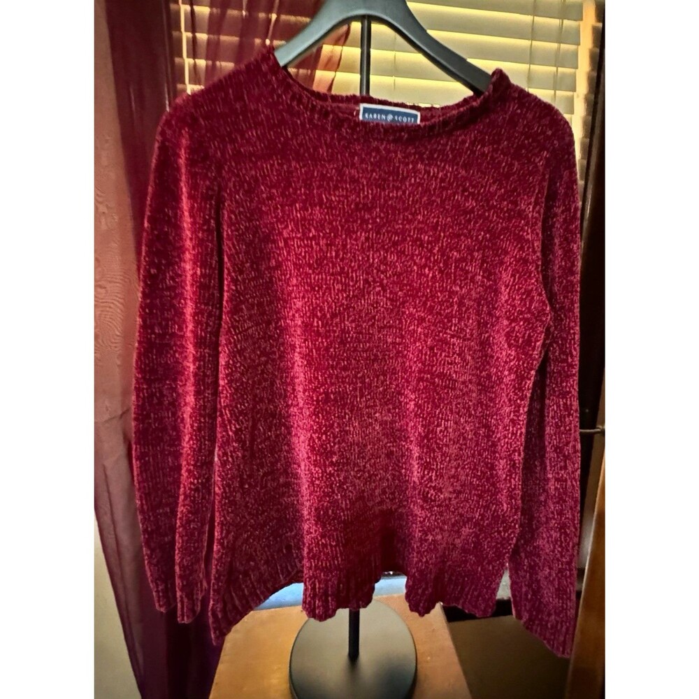 Karen Scott Women’s M Burgundy Chenille Crew Neck Pullover Sweater Velvet Soft